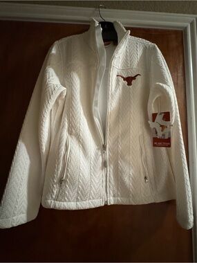 Women's White Teddy Zip-Up Jacket with Burnt Orange Longhorn Emblem